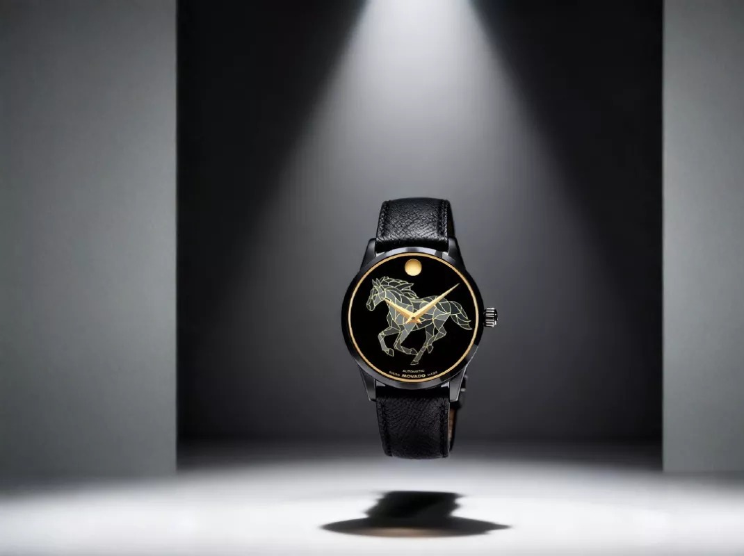 Movado Museum Classic Year of the Horse trong phối cảnh ánh sáng studio